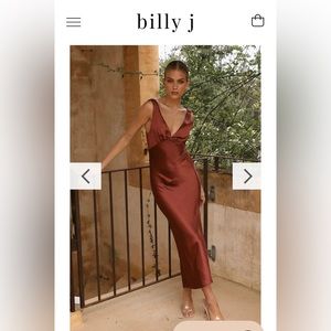 Billy J rust colored dress with a v neckline and low back.